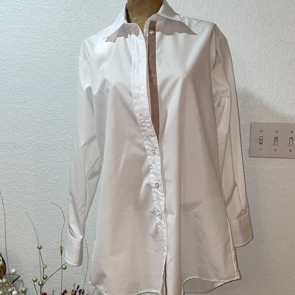 NWT $159 White Oxford Shirt w/ Brown Grossgrain Trim CORTLAND PARK M